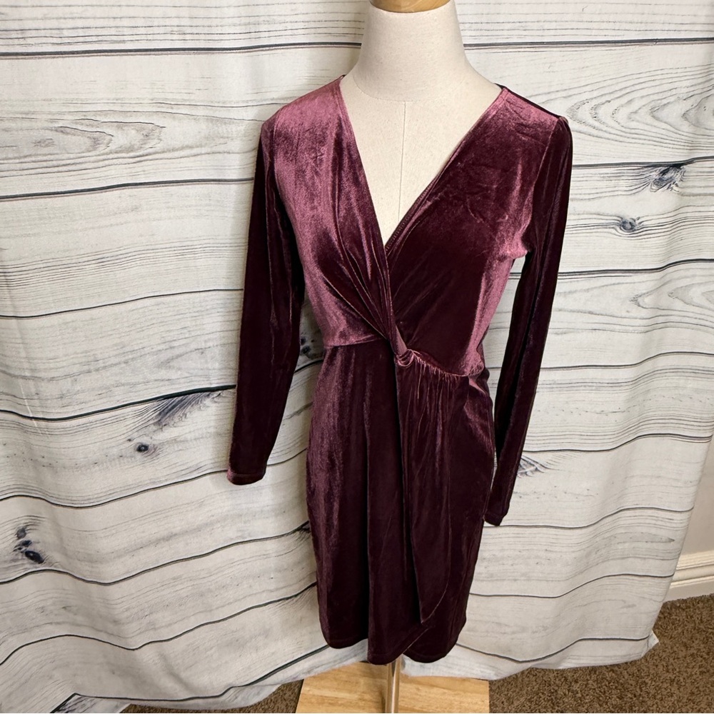 LOFT Velvet Long Sleeve Twist-Front Dress in Burgundy